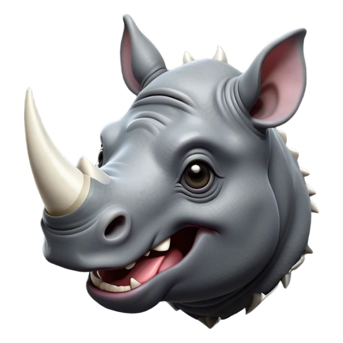 Cinematic Comical Rhinoceros Portrait Emoji, Head tilted dramatically with an exaggeratedly amused expression, featuring a striking, glossy slate-gray hide with a boldly textured white horn, wide, expressive eyes filled with playful disbelief, Simplified yet hilariously expressive features, highly detailed, glowing with a slightly sassy glow, high shine, dramatic yet playful, stylized with an air of cheeky wild mischief, bright and endearing, soft glowing outline, capturing the essence of a spirited and over-the-top rhinoceros, so meme-worthy it feels like it could charge its way into internet fame instantly! sticker