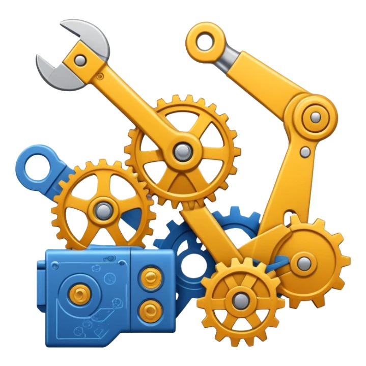 An icon featuring gears, a wrench, and a blueprint, symbolizing engineering. The design includes a mechanical arm, circuit boards, and construction tools, representing innovation, problem-solving, and technological advancement. Transparent background highlights the science of design sticker