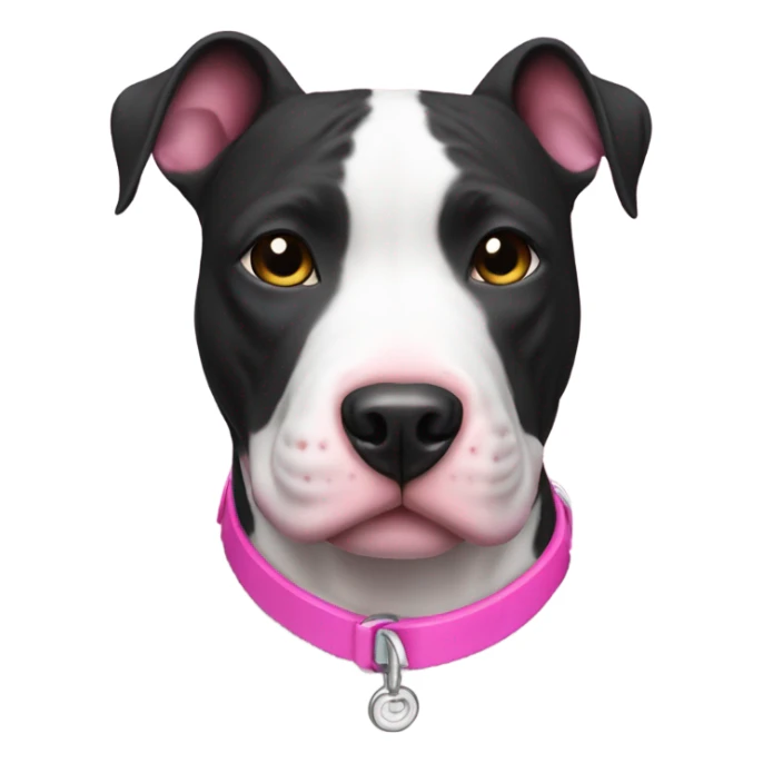 Black and white pitbull terrier with a pink collar sticker
