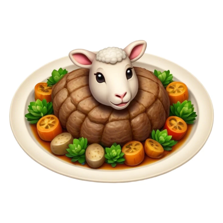 Cinematic Realistic Roast Lamb Dish Emoji, depicted with tender, succulent lamb roasted to perfection and served with seasonal vegetables, rendered with rich textures and inviting warm lighting that captures its traditional heritage. sticker