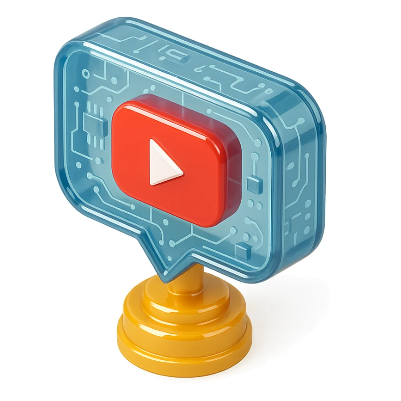 speech bubble with a red YouTube play button, like a trophy, glossy circuit style sticker