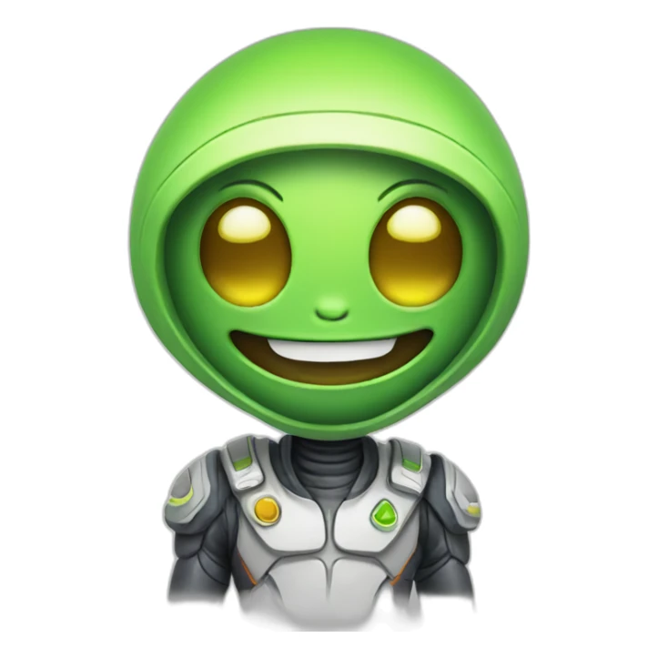 A space alien with a big smile and a peace sign sticker