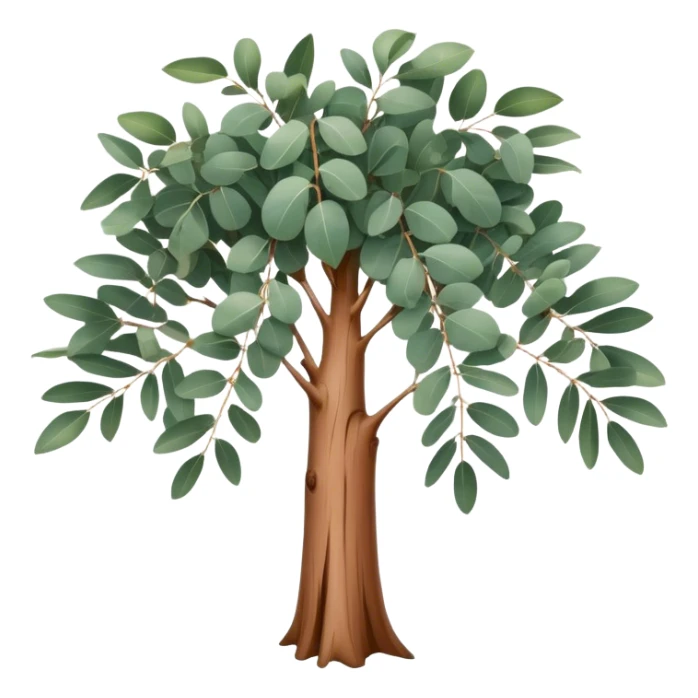 Cinematic Realistic Eucalyptus Emoji, Tall and graceful, with slender trunks covered in smooth, peeling bark and large, fragrant leaves. The eucalyptus trees sway gently in the breeze, releasing a calming aroma that fills the air. Soft glowing outline, capturing the essence of rugged beauty and natural serenity in a tall eucalyptus tree! sticker