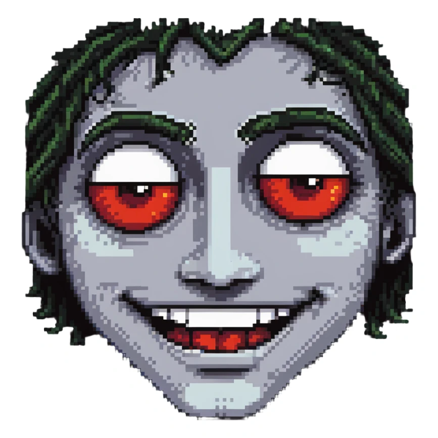 A pixelated face with droopy eyelids, bloodshot eyes, and a blissful smile - looking high and stoned sticker