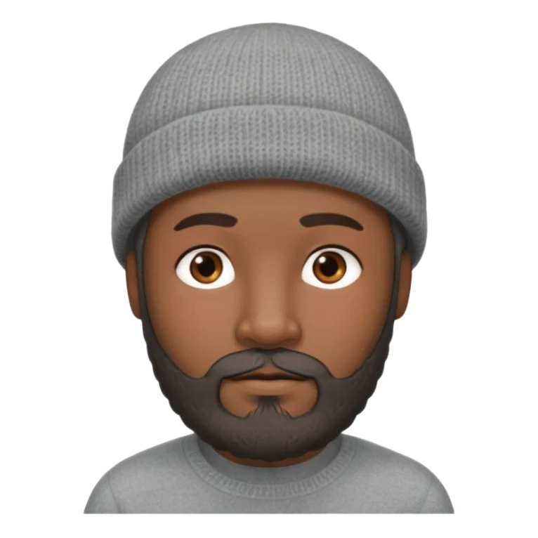 A dark-skinned, oval face shape with soft rounded chin. man with a gray beanie, brown eyes, and a dark gray beard, wearing a calm expression. sticker