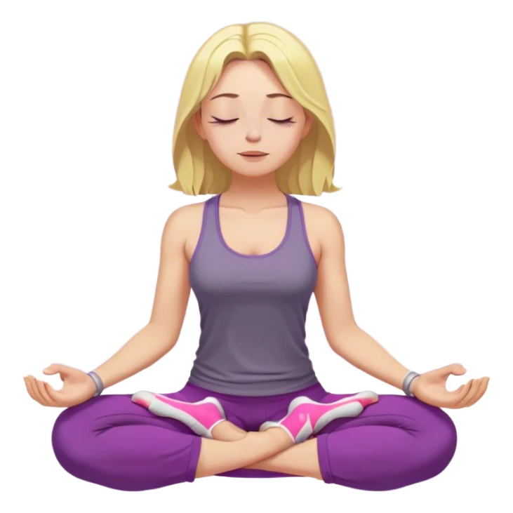 yellow-skinned woman sitting in a cross-legged meditation pose. She has shoulder-length blonde hair and wears a purple tank top, gray pants, and pink shoes. Her eyes are closed, and she has a peaceful, relaxed expression. Her hands rest on her knees with her fingers forming a meditation mudra sticker