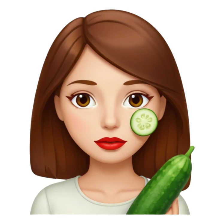 brownhaired woman with red lips and cucumber on eyes sticker