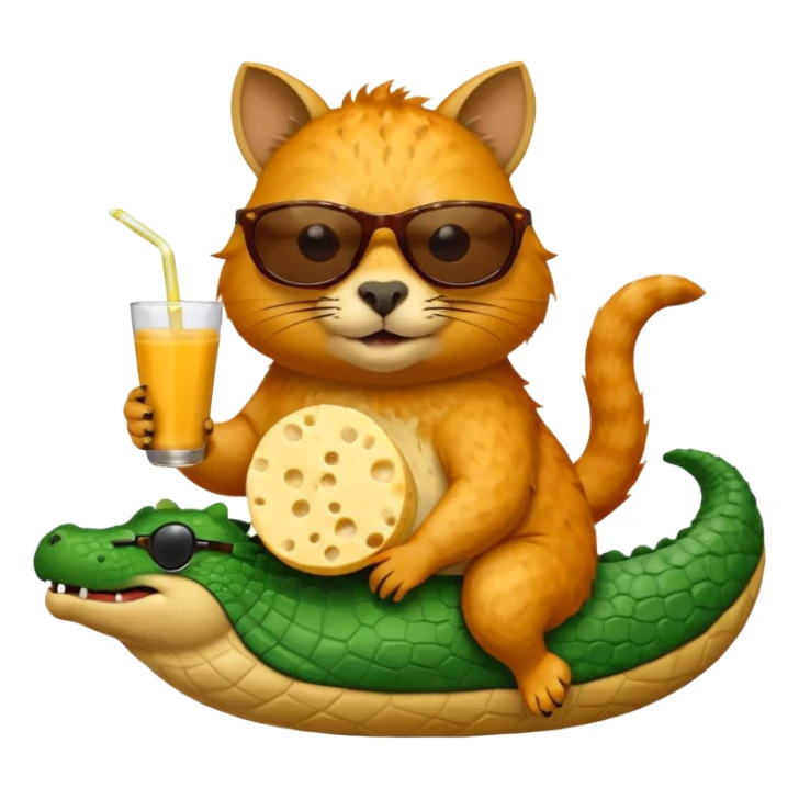 Cat with sun glasses eating cheese while riding a capybara which is also riding a crocodile eating chocolate and drinking milk sticker