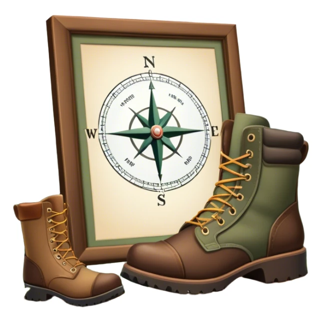 Icon for Hunting Tourism: a rifle, hunting boots, and a compass on a forest background, with a silhouette of wildlife in the distance. The icon should capture the adventure and connection with nature in hunting tourism. Transparent background. sticker