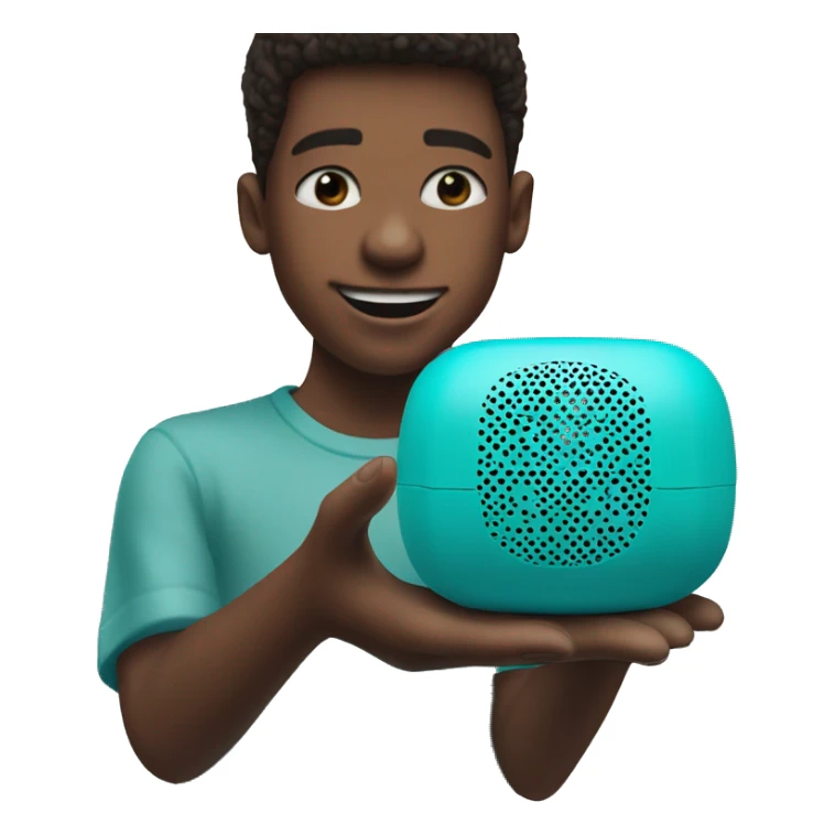 Realistic turquoise portable smart speaker being held by boy. sticker
