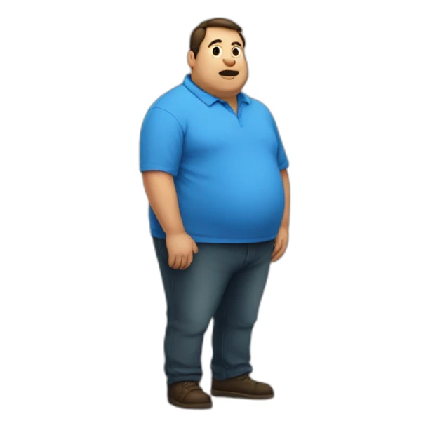 fat man in a blue shirt standing in front of a whiteboard sticker