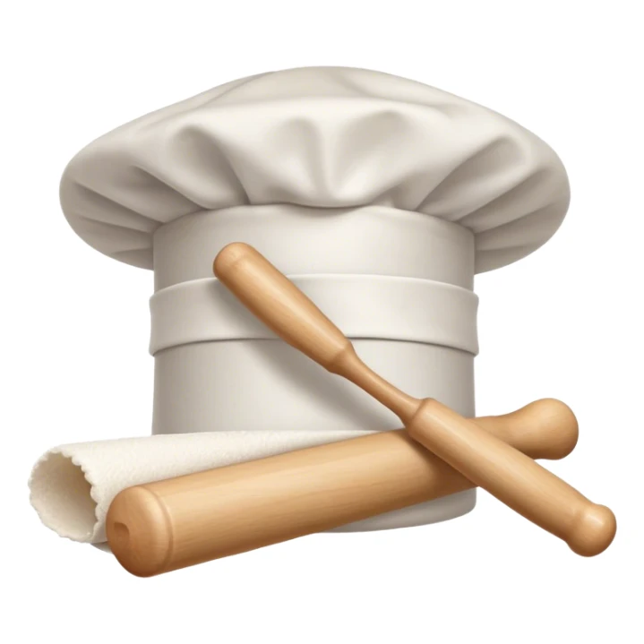 Cinematic Realistic Chef Hat & Rolling Pin, crisp white cotton hat with soft folds, resting beside a classic wooden rolling pin with smooth, polished curves, a light dusting of flour adding authenticity, warm kitchen lighting casting gentle shadows, glowing with a cozy and inviting charm. sticker