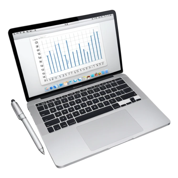 top view of a MacBook, open notebook with visible handwritten bar charts, and pen beside them sticker
