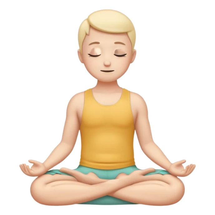 one simplified human character sitting in lotus pose, eyes closed, soft peaceful smile, feeling comfortable alone, calm and mindful mood, flat custom emoji sticker, pastel colors, rounded shapes, minimal details, mental health theme, thick outline, white background, no text sticker