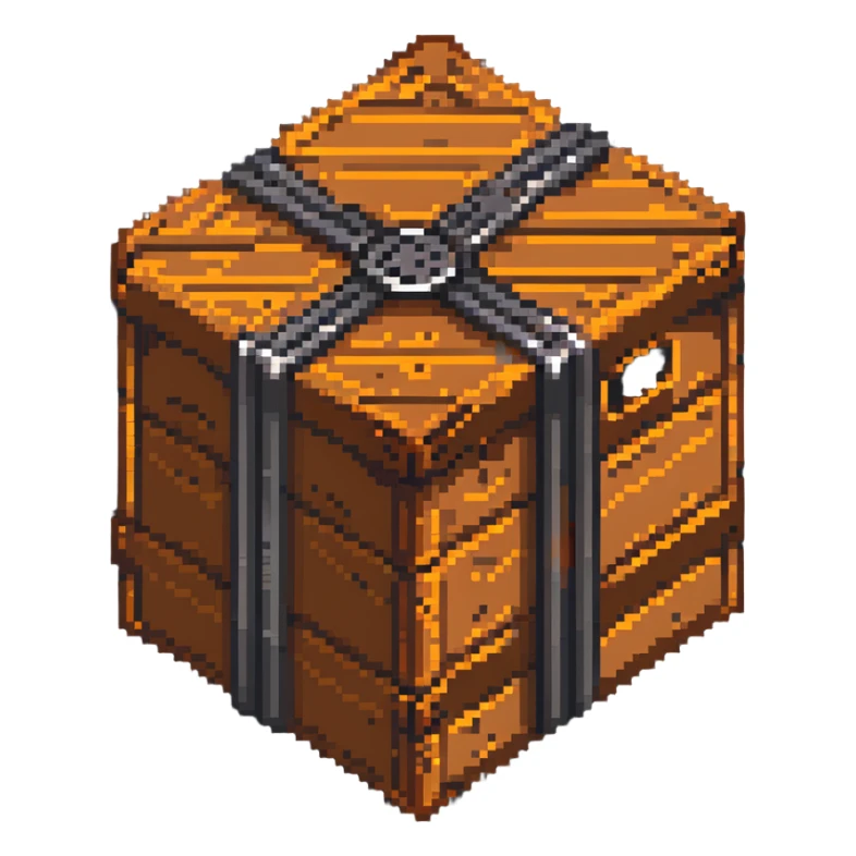 wooden crate with metal bands, orange brown color scheme, breakable box, 32x32 game asset sticker
