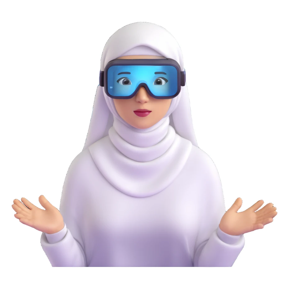 computer engineer with white hijab wearing AR glasses or VR headset, immersed in augmented reality, surrounded by floating metaverse elements, digital codes, virtual machines, tech graphics sticker