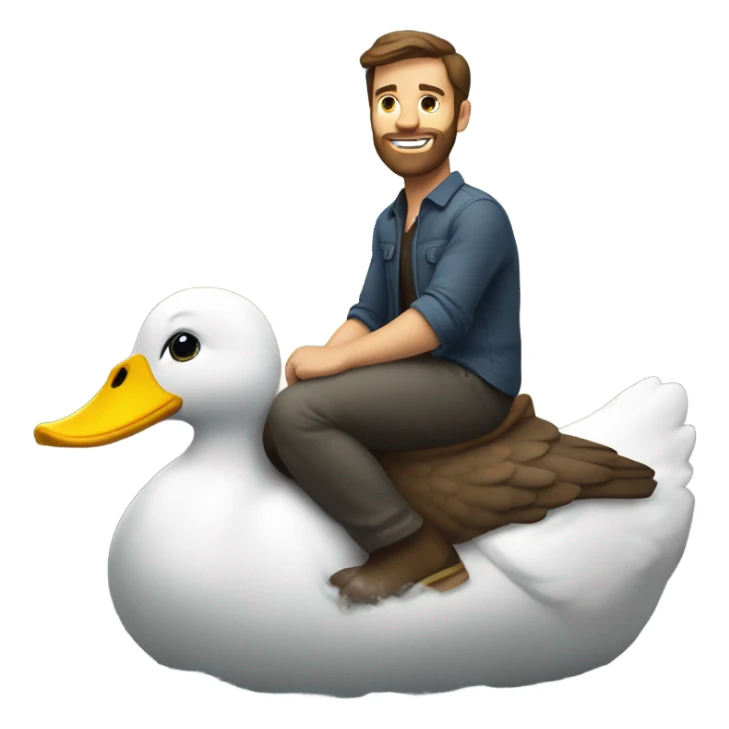 Confident White Man with dark brown hair and a short beard riding on the back of a giant duck sticker