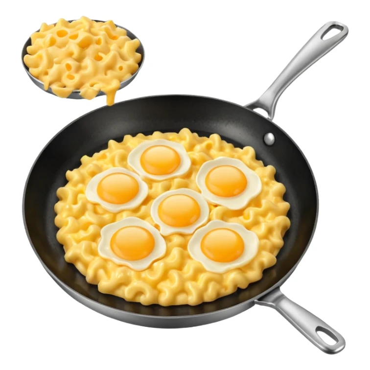 Fried Scrambled eggs mixed in with some cheesy Mac and cheese on a frying pan sticker