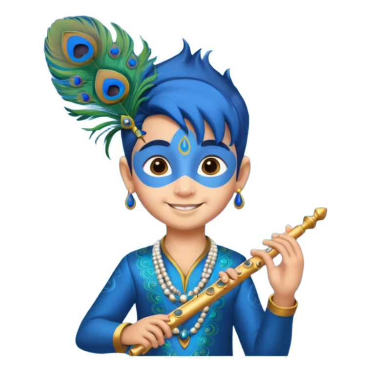 Kid Krishna, playful, holding a flute, blue skin, peacock feather in hair sticker
