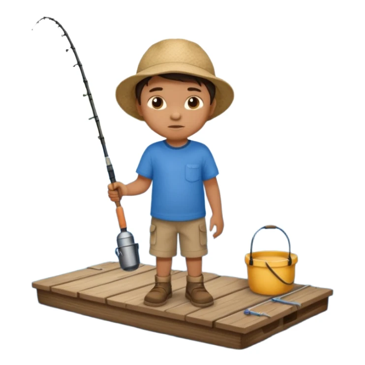 Little boy on the dock fishing, felt texture, scrapbooking sticker