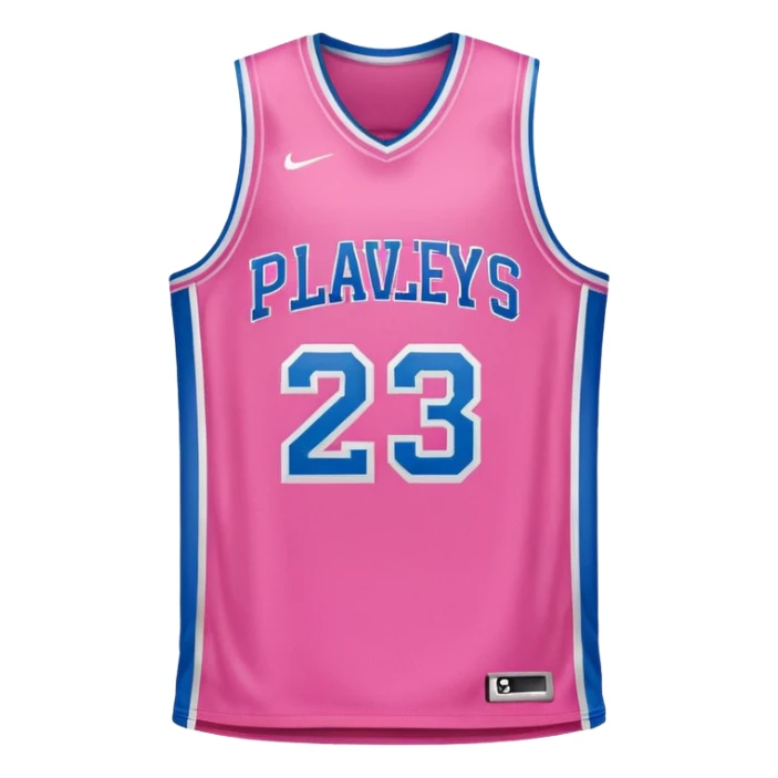 pink basketball jersey with the text PLAVLEYS 23 and a logo sticker