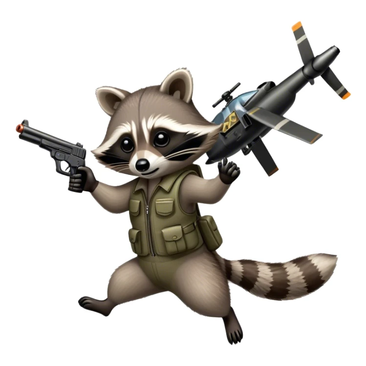 Raccoon flying helicopter, shooting a gun sticker