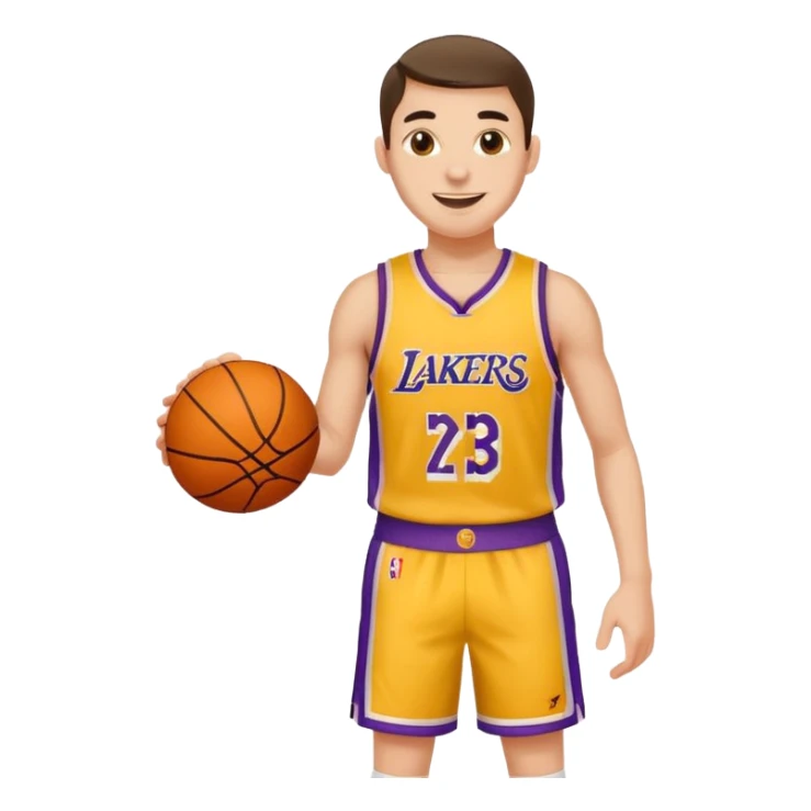 Joven con color de piel claro con uniforme de basquetball laker sosteniendo una pelota de basquet sticker