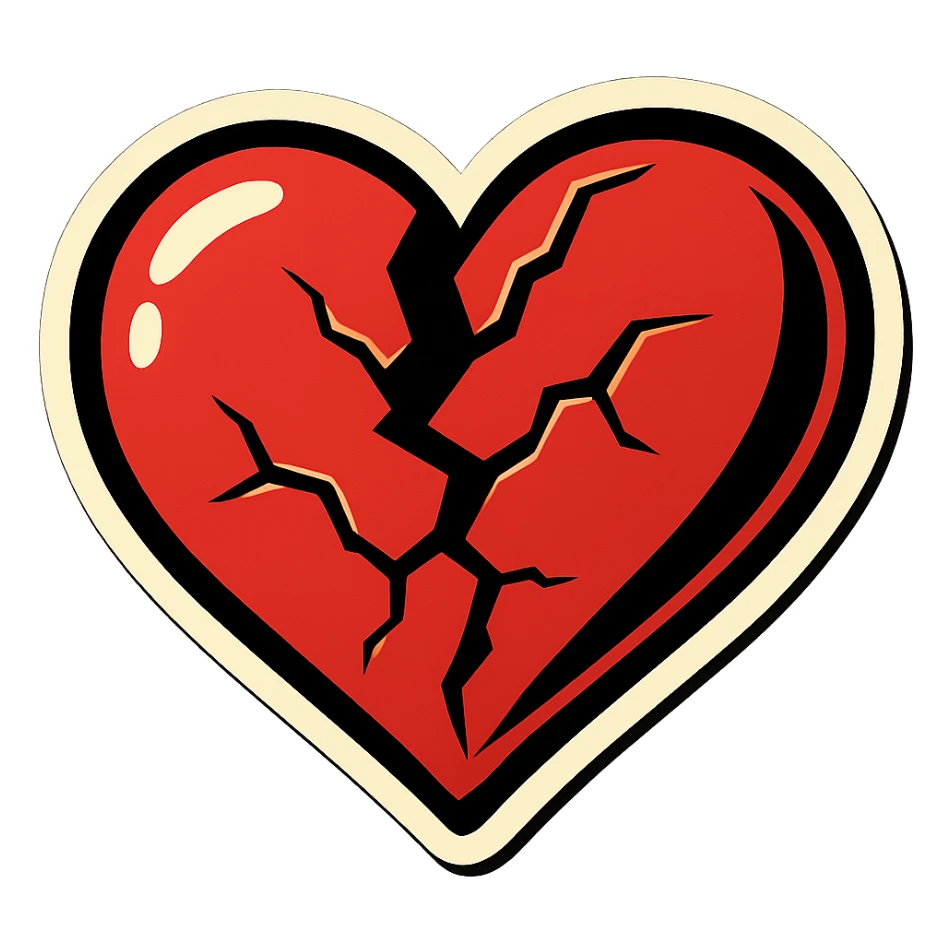 broken heart with very large cracks, clear black outlines, sharp shadows and highlights only, no gradients, retro sticker style sticker
