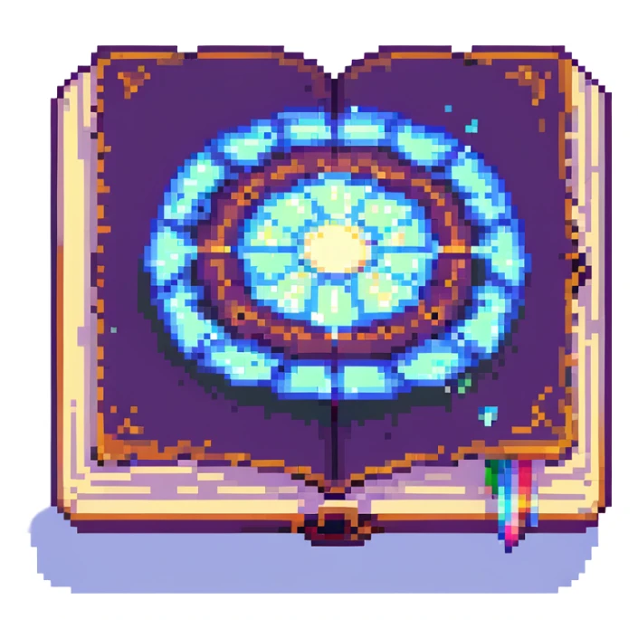 Add a magical glowing aura around the pixel art floating spellbook, keep background transparent. sticker