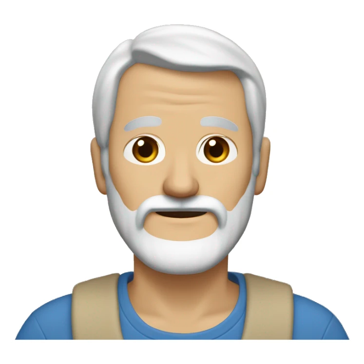 A middle-aged man with a white beard and brown mustache wearing brown sneakers, khakis and a blue shirt with a beige sweater overtop. He has longer brown and white hair that is held back onto his head with a hairband. sticker