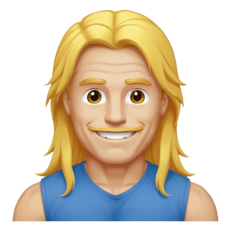 muscled happy guy, long yellow hair, blue t-shirt sticker