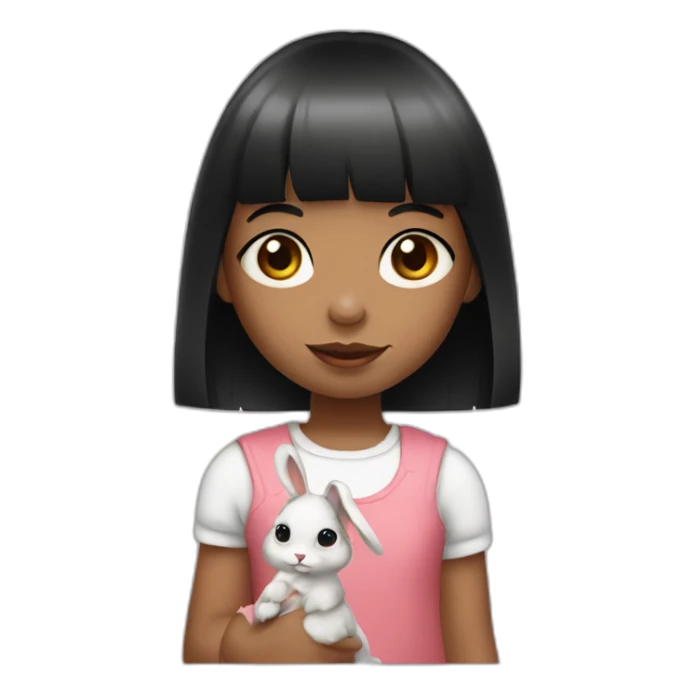Little girl with black bangs holding rabbit sticker