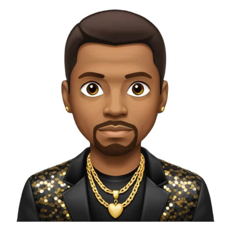 Keith Sweat (b.1961) with dark brown hair, black sequin jacket, black shirt with necklace sticker