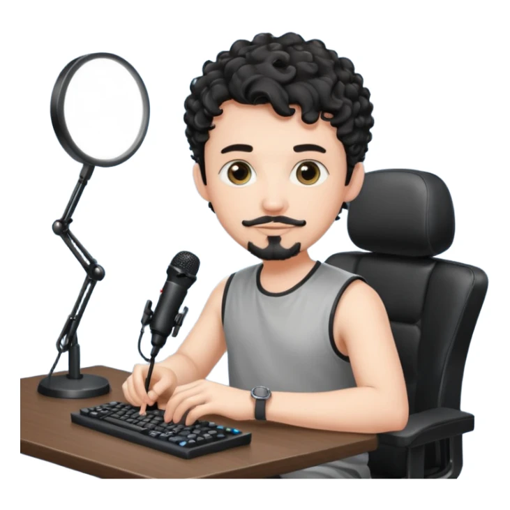 a setup of a youtuber his blach curly short hair, white skin, a thin goatee, with a desktop pc on a table, a gaming chair, microphone, ring light sticker