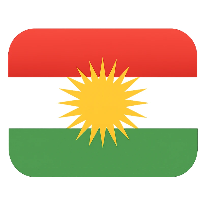 Kurdistan flag, flat icon style, red, white, green stripes, yellow sun in center, simple and modern, no text sticker