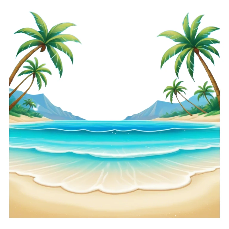 Cinematic Realistic Pristine Crystal-Clear Water Beach Emoji in a wooden frame, Sunny and radiant, with soft golden sand stretching endlessly, gently lapping waves of crystal-clear turquoise water washing onto the shore. The water is so transparent it reveals the shimmering seabed below, creating an idyllic, pristine setting. Above, the sky is a vivid blue, with a few gentle wisps of clouds. Palm trees sway gracefully in the warm breeze, their reflections mirrored in the water. Soft glowing outline, capturing the essence of a peaceful, serene beach paradise where every element gleams with natural beauty. sticker