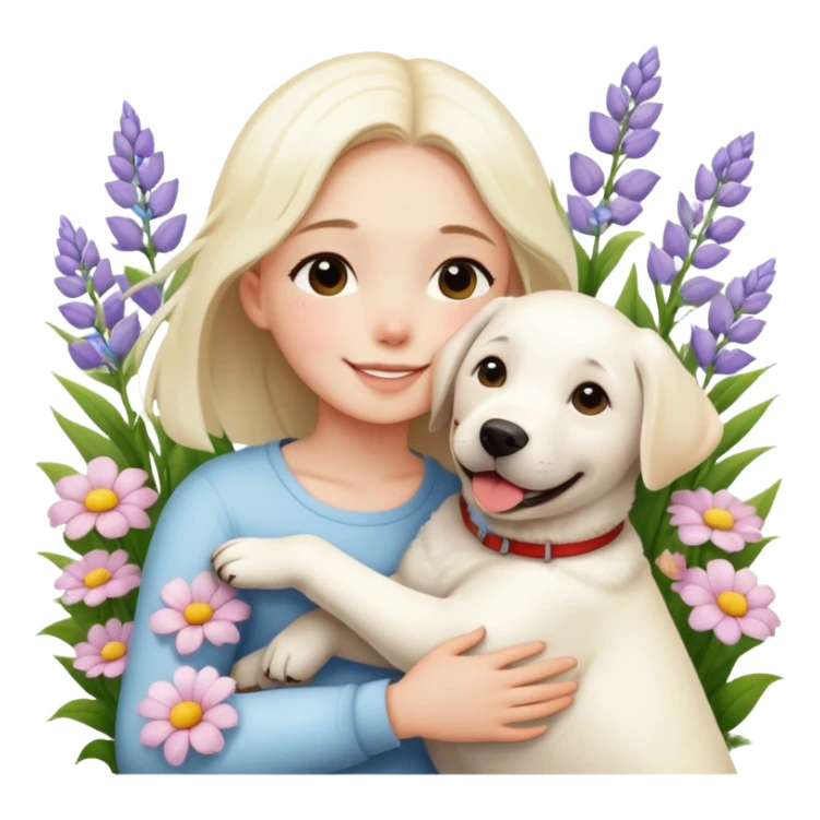A girl happily hugs a white Labrador among the flowers sticker