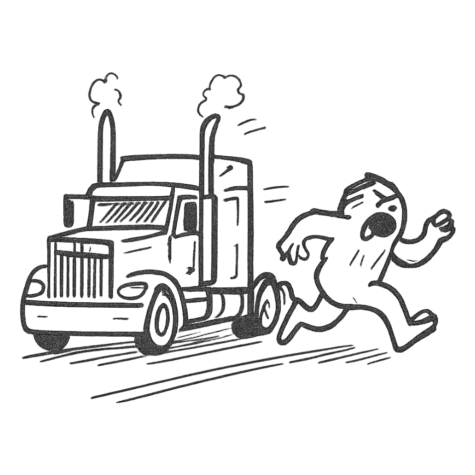2026 Kenworth W680 flat top semi sleeper with stacks chasing an abominable snowman down the road, hand drawn style sticker