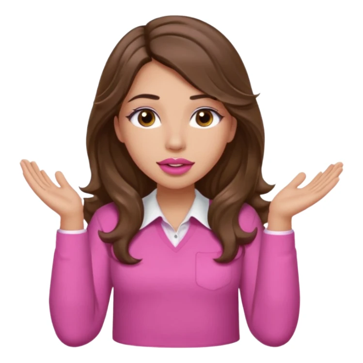 girl with long wavy brown hair, brown eyes, light to medium complexion, in a pink shirt, pink lips, long lashes, puckered lips, both hands all the way up for worship sticker