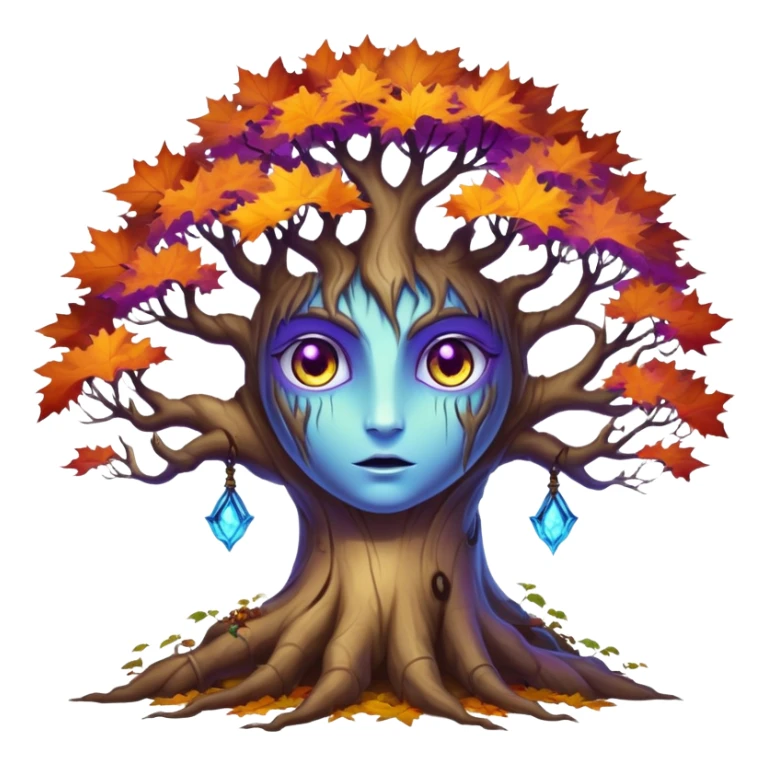 An ancient, psychic tree evolves by absorbing the essence of fallen autumn spirits, sprouting a radiant, maple-crowned face that channels both forest wisdom and fiery seasonal magic through its gnarled. Purple eyes, blue eyes sharp teeth, bark skin heterochromia sticker