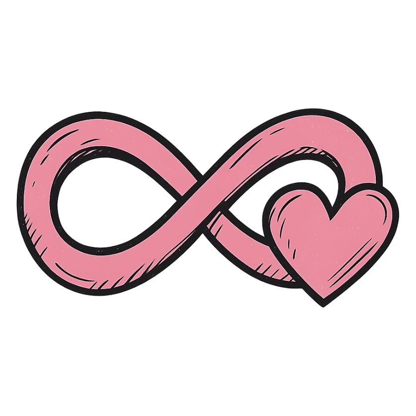 pink infinity sign in drawn style with sharp defined contours, cartoon-like shadows and highlights, heart merged into the lower right curve of the infinity, heart looks like a natural extension of the symbol sticker