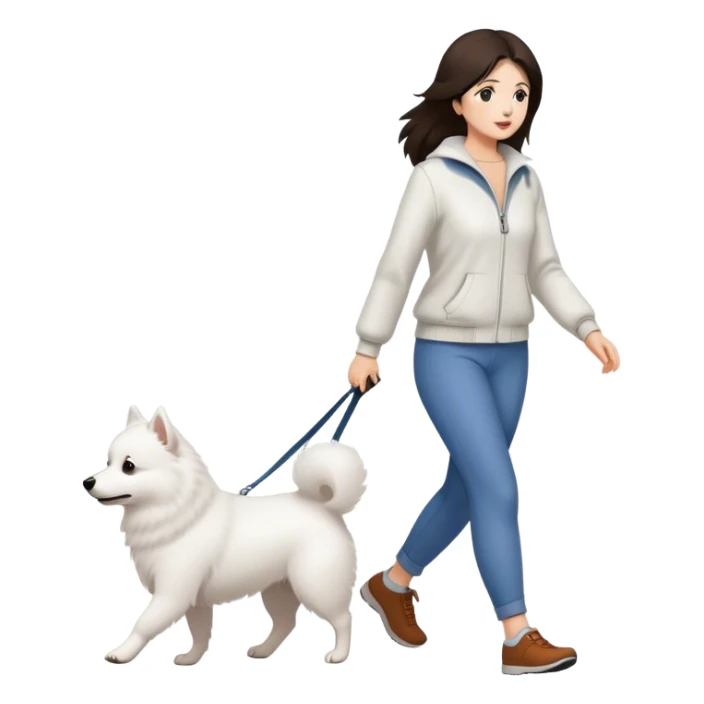 Brunette woman walking one Japanese Spitz dog sticker