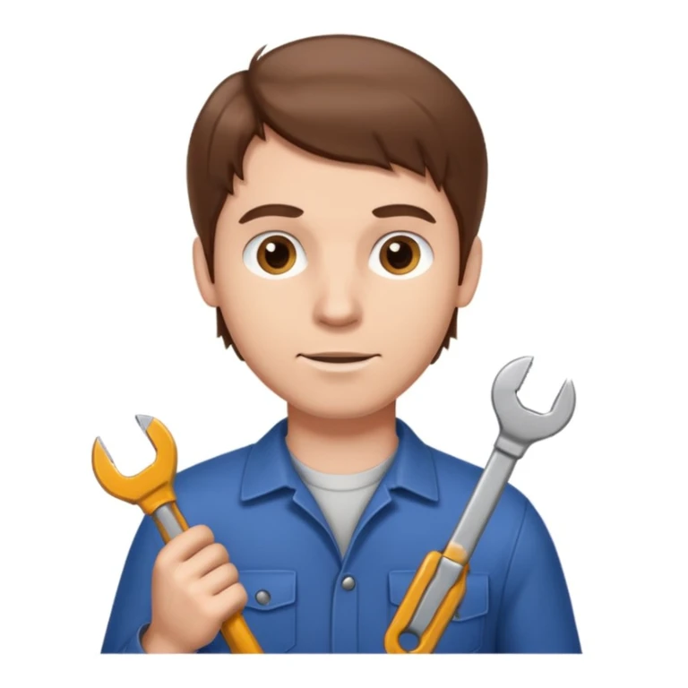 memoji style white man with brown hair, holding a wrench, neutral background sticker