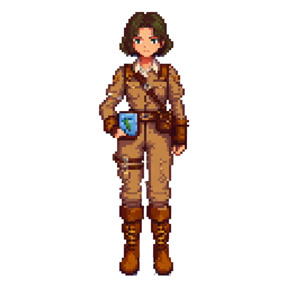 Lemeza Kosugi from La-Mulana, pixel art style, holding a map, tan explorer outfit, brown boots, determined expression, classic adventure game vibe sticker