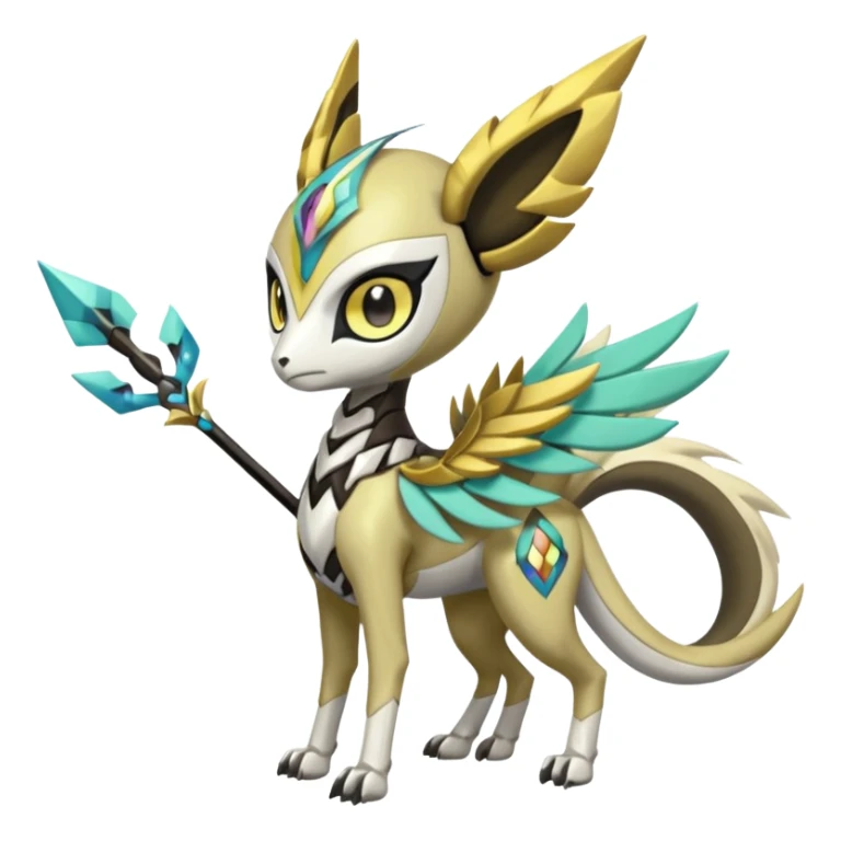 Arrow-patterned chevron-marked Cute Big-eyed anime-styled Colorful Shiny Tribal Skeletal masked armored Meloetta-Silvally-Solgaleo-Raikou-Pokémon-Digimon-Fakémon-fusion-hybrid-creature, full body sticker