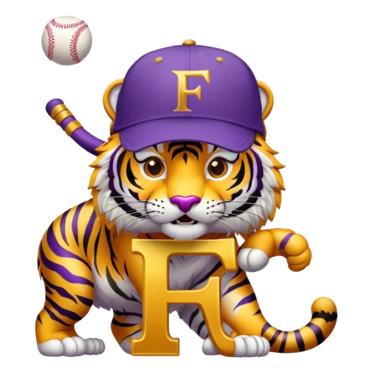 Purple and gold tiger mascot with baseball hat on with letter F  sticker