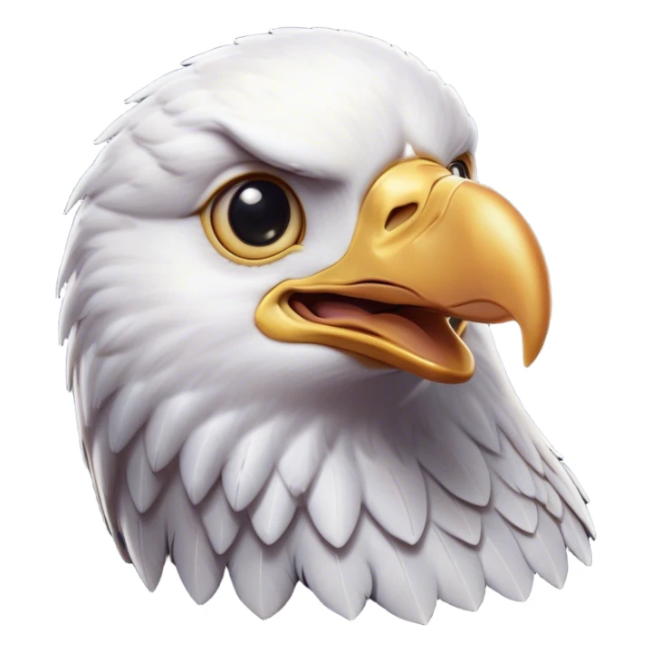 Cinematic Cute American Eagle Portrait Emoji, Head tilted playfully and inquisitively, featuring a streamlined form with a subtle blend of dark and white plumage and round, sparkling eyes full of spirited charm, Simplified yet irresistibly adorable features, highly detailed, glowing with a warm, inviting glow, high shine, affectionate and lively, stylized with a touch of whimsical aerial grace, soft glowing outline, capturing the essence of a mischievous yet endearing American eagle that seems as if it could glide out of the screen into your heart! sticker