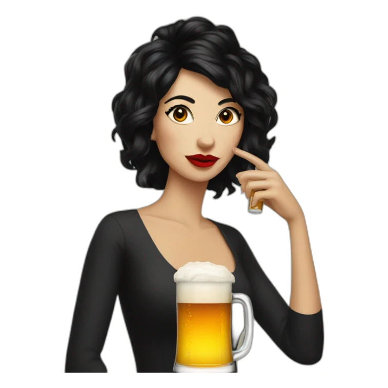 a woman with wacky black hair and red lips drinking a beer sticker
