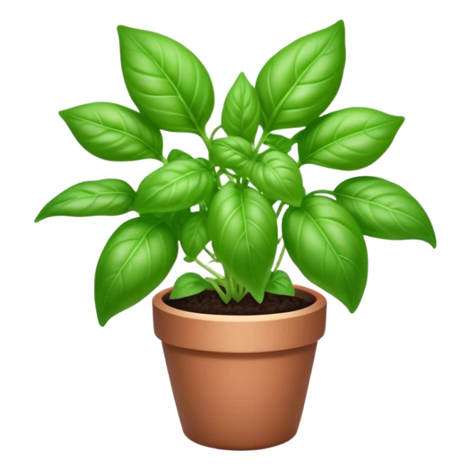 Cinematic Realistic Basil Emoji, Lush and fragrant, with vibrant green leaves that release a fresh, herbal aroma. The soft, glossy leaves are delicately arranged along slender stems, exuding vitality and flavor. Soft glowing outline, capturing the essence of freshness, growth, and aromatic delight in a blossoming basil plant! sticker