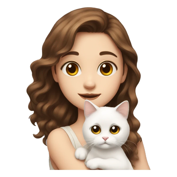 A girl with brown hair is holding a white fluffy cat with different eyes sticker